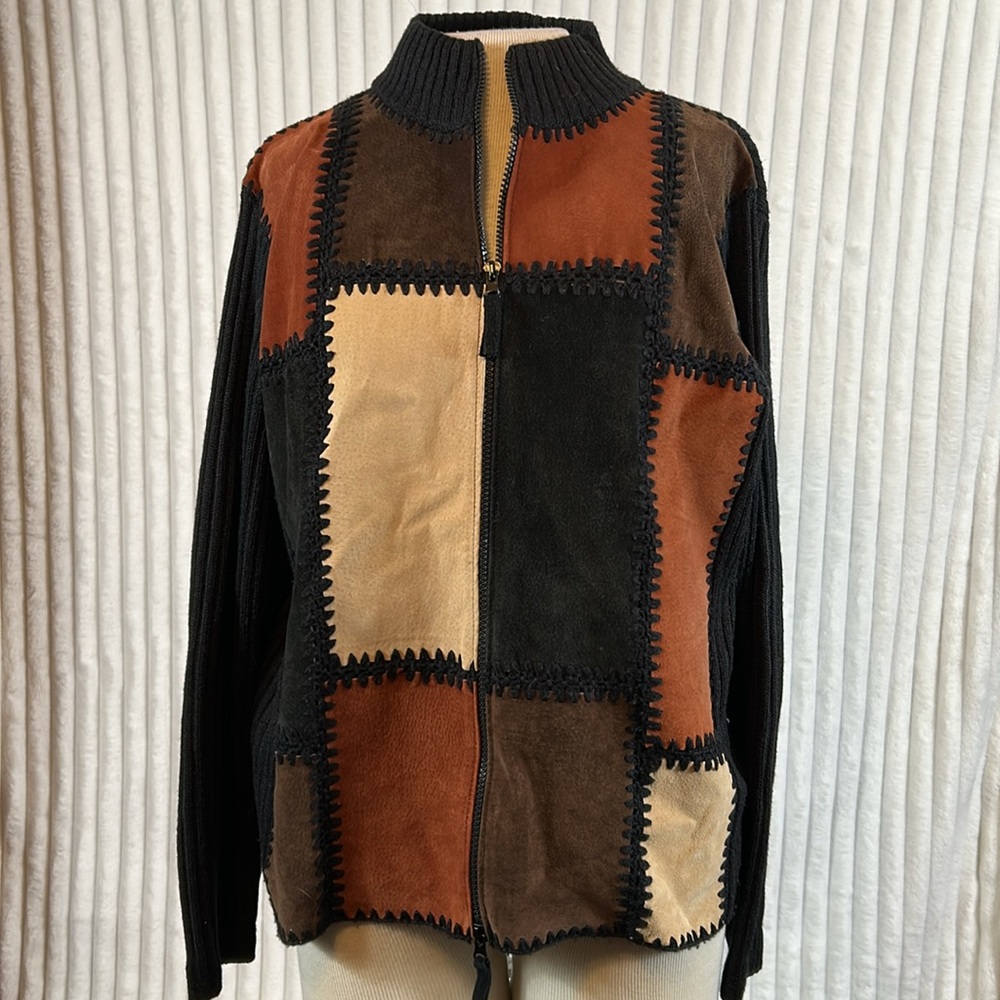 Vtg 90s designers studio originals Suede Patchwork Full Zip cardigan sweater L